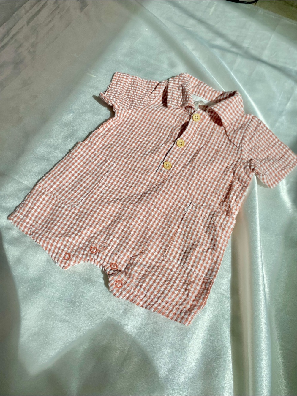Liam & James Gingham Short-Sleeve Baby Romper in Coral Size 0-3 Months